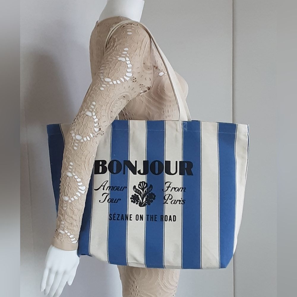 Sezane Bonjour Paris On The Road Love Tour Blue Stripe Tote Bag - NWOT